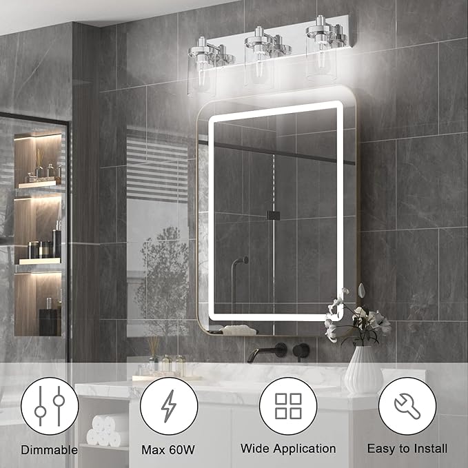 Aipsun Chrome Vanity Light for Bathroom 3 Light Farmhouse Bathroom Lights Fixtures Over Mirror with Clear Glass Shade(Exclude Bulb)