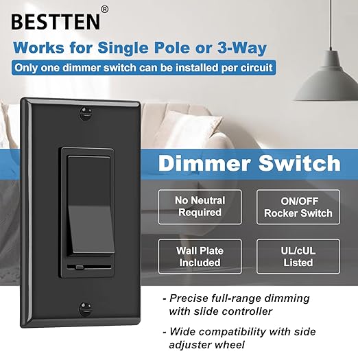 BESTTEN 2 Pack Dimmer Wall Light Switch, Single Pole or 3-Way LED Slide Dimmer Switch, Compatible with Dimmable LED, Incandescent, Halogen and CFL Bulbs, Wallplate Included, UL Listed, Gloss Black