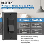 BESTTEN 2 Pack Dimmer Wall Light Switch, Single Pole or 3-Way LED Slide Dimmer Switch, Compatible with Dimmable LED, Incandescent, Halogen and CFL Bulbs, Wallplate Included, UL Listed, Gloss Black