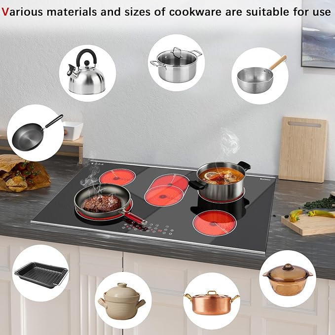 Karinear Electric Cooktop 36 Inch, 5 Burners Electric Stove Top, Built-in Glass Radiant Electric Ceramic Cooktop, Expandable Zones, Lock, Timer, Pause, Metal Edged Protection, 8400W 220~240v Hardwired