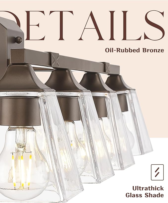 Bronze Bathroom Light Fixtures, HWH 4-Light Farmhouse Vanity Wall Sconce Bathroom Sconce Over Mirror, Oil-Rubbed Bronze Finish with Square Glass Shade, 5HY68B-4W ORB