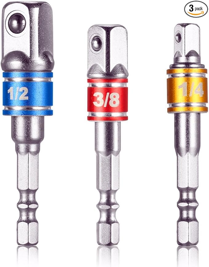 3-Piece Socket Adapter Extension Set, 1/4, 3/8, 1/2 Inch Hex Shank, Impact Grade, Power Drill to Socket Converter