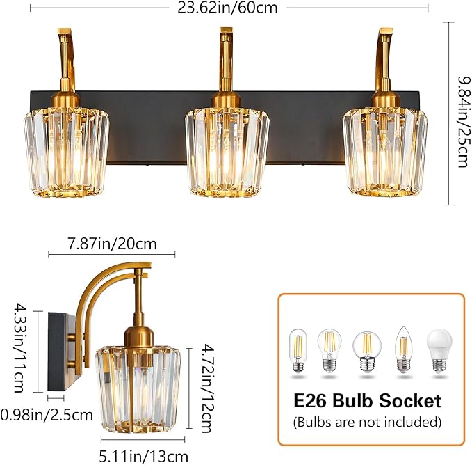 Modern Bathroom Vanity Light, 3-Light Black Gold Wall Sconce with Crystal Accents, Over Mirror Bathroom Lighting Fixture, 23.62" Long Dimmable Vanity Lamp for Makeup, Easy Installation