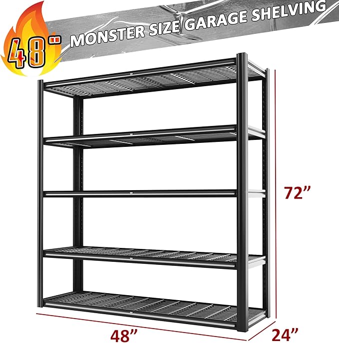 48" W Metal Garage Shelving 5 Tier Storage Shelves Heavy Duty 3030LBS Adjustable Shelf Unit Garage Shelving for Warehouse, Industrial, Basement, 72" H x 48" W x 24" D