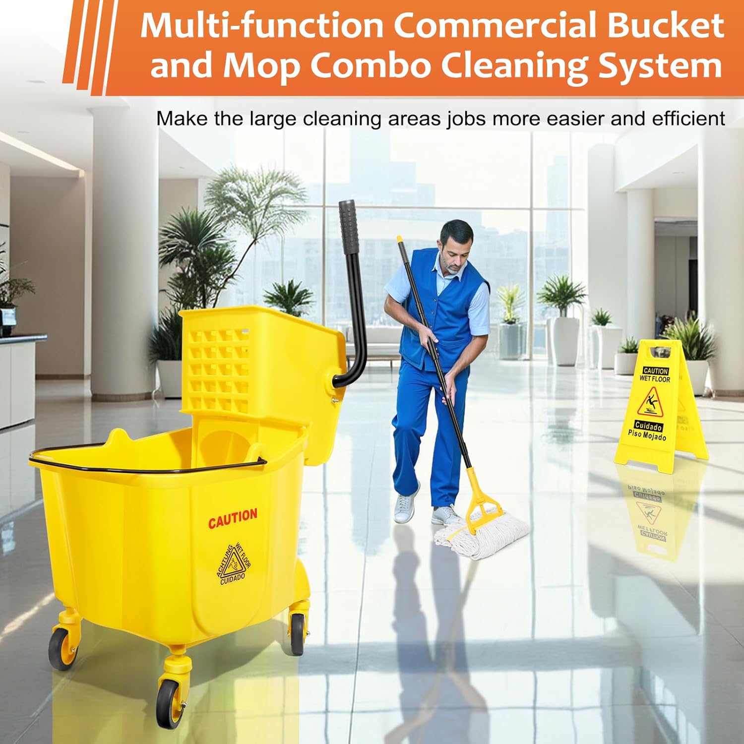 38 Qt Commercial Mop Bucket with Side Press Wringer on Wheels and Mops Set for Floor Cleaning,Including 1 Industrial Mop and Wet Floor Caution Sign,Yellow,Beyoco