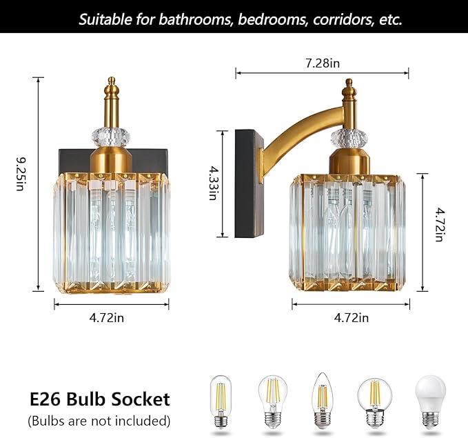 Modern Wall Sconces Set of Two Black Gold Indoor Wall Mounted Room Sconce Crystal Wall Lighting Bathroom Vanity Light Fixtures