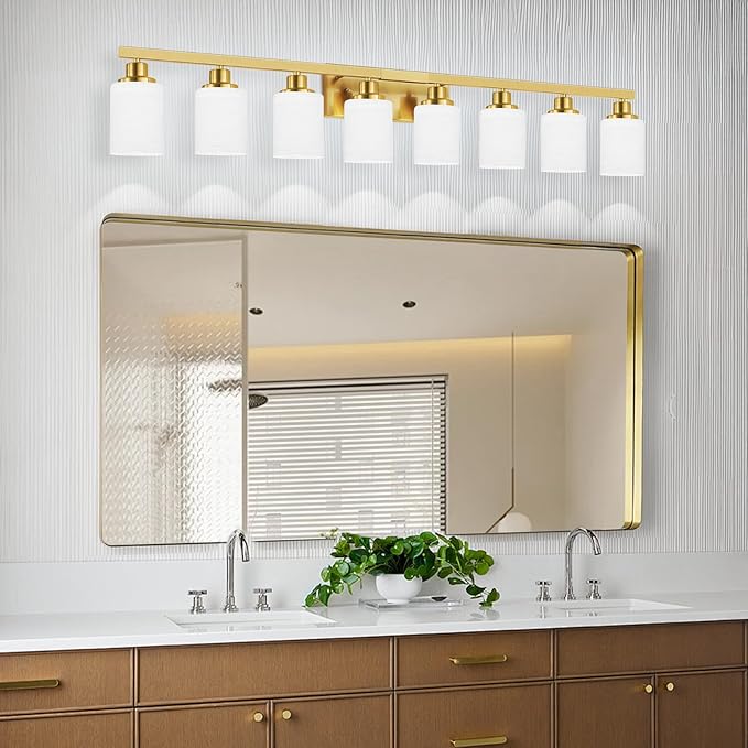 52inch Gold Bathroom Light Fixtures, Modern Bathroom Vanity Light with Milky White Glass Shade, Gold Wall Lamp Sconces for Mirror Bedroom, Living Room Hallway