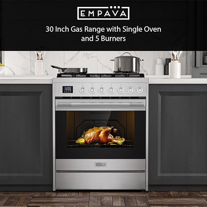 Empava Freestanding & Slide-In Gas Range, 5.0 Cu. Ft, Single Oven with 5 Sealed High-Low Burners & Touch Timer, Heavy Duty Continuous Grates in Stainless Steel, 30 Inch
