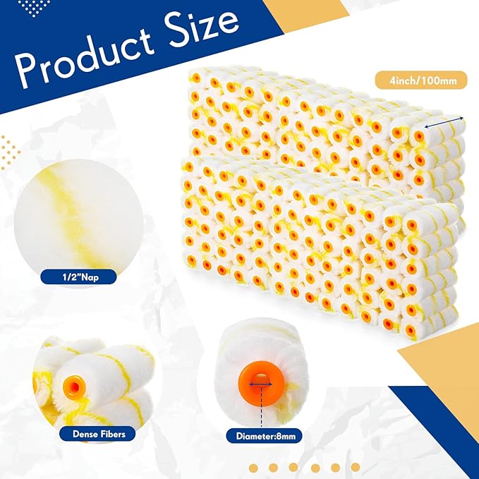Leumoi 500 Pcs 4 Inch Paint Roller Mini Rollers Covers 1/2" Nap Microfiber Roll Covers Bulk, Small Home Repair Tools Refills House Painting Supplies Household for DIY(Yellow)