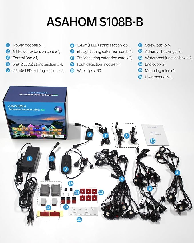 ASAHOM Permanent Outdoor Light Pro S108B, 100FT with 72 RGBCW 70lm LED, WLED Integration, AI Lighting, 30000 Lighting Effect Combination, IP67 Waterproof for Halloween Christmas and Daily Decor, Black