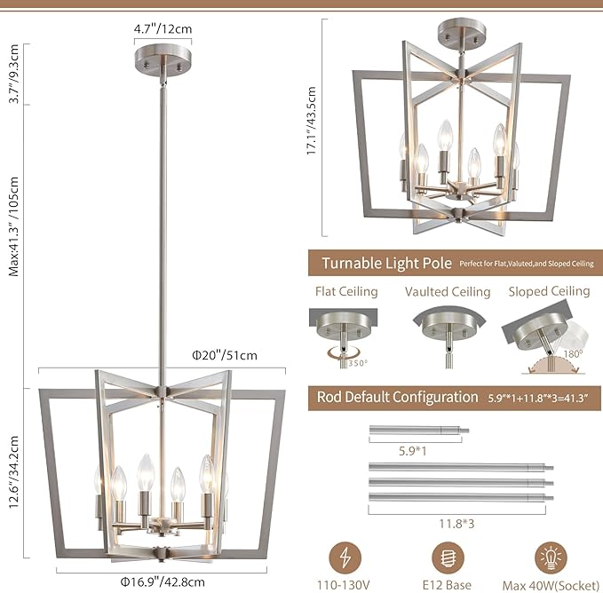 Brushed Nickel Chandelier, 6-Light Geometric Dining Room Light Fixture Over Table Metal Modern Chandelier Lighting for Kitchen Island Entryway, 20 Inch Pendant Lighting Hanging Ceiling Lamp