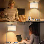 Luvkczc Table Lamps for Living Room with USB C+A Ports - Fully Stepless Dimmable Bedsides Lamp with Linen Lampshade, Lamps for Night Stands Bedroom Reading Office, 2 LED Bulbs Included (Silver)