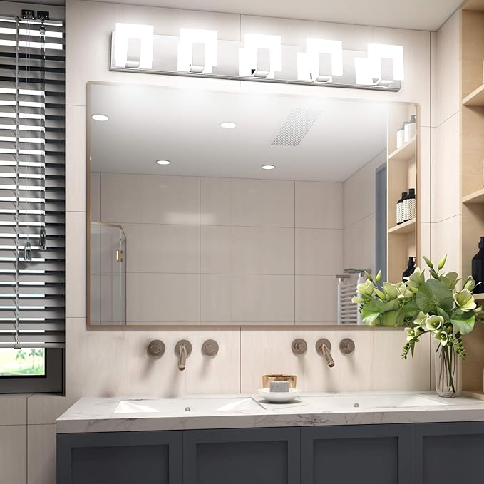 Aipsun 5 Lights Modern LED Bathroom Vanity Light Acrylic Stainless Steel Chrome Up and Down Bathroom Wall Light Over Mirror(White Light 6000K)