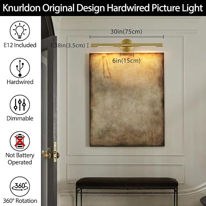 Gold Brass Hardwired Picture Light, 30" Knurled Dimmable Rotatable 360° Picture Lights for Wall, Vanity Light, Gallery Wall Light, Art Lighting, Picture Frame Light,Include Bulb