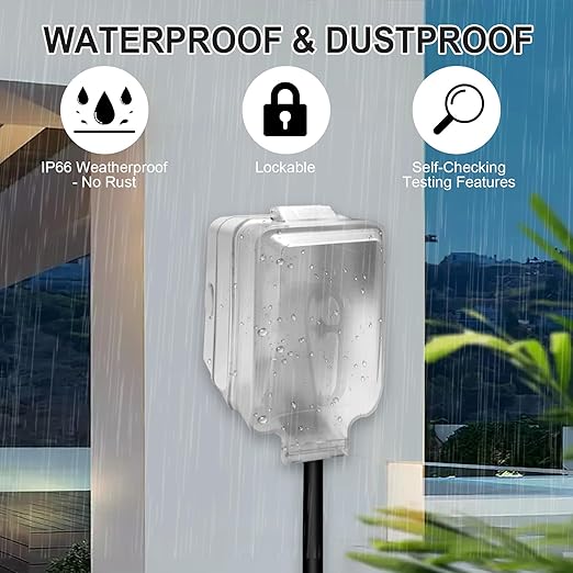 15 Amp GFCI Outdoor Electrical Outlet Box, Nonmetallic Heavy Duty Box IP66 Waterproof and NEMA 5-15 Self Test GFCI Outlet Kit, 3.15 Inch Deep, Lockable, Clear/Gray, UL Listed