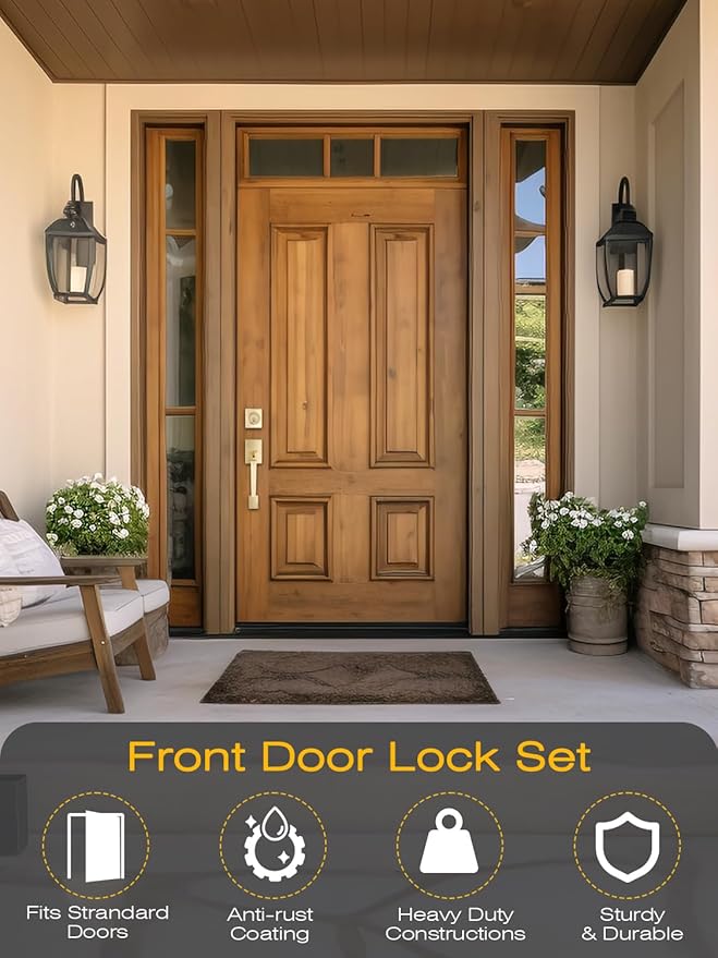 2 Sets Entry Door Handle and Single Cylinder Deadbolt Lock and Key Combo Pack - Heavy Duty Square Locking Lever Set - Interior/Exterior Door Levers in Satin Brass Finish