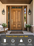 1 Set Entry Door Handle and Single Cylinder Deadbolt Lock and Key, Brass Front Door Lock - Heavy Duty Square Locking Lever Set - Exterior Door Handle in Satin Brass Finish