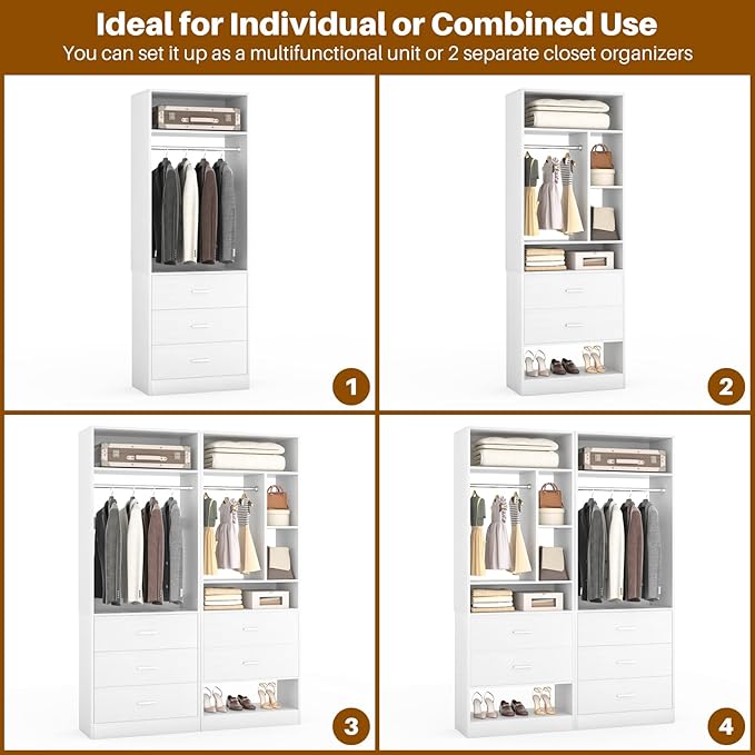 4FT Closet Systems with 5 Wood Drawers, 48 Inch Closet Organizer System with 2 Hanging Rods & 7 Shelves, Heavy Duty 48" Walk-in Closet , White (48"L x 15" W x 80" H)