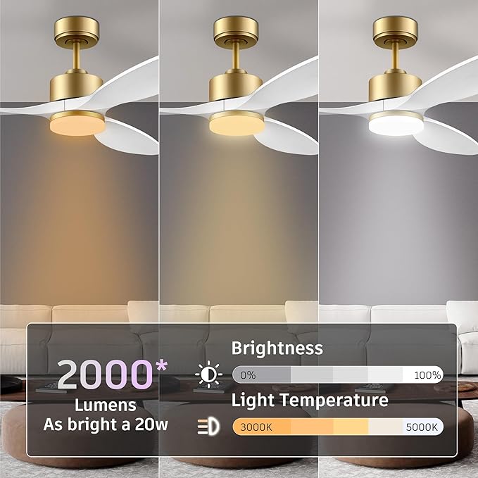 48 Inch Smart Ceiling Fans with Lights and Remote Control,Dimmable LED Light,Outdoor Indoor Gold White Ceiling Fan,Quiet DC Motor,WIFI Alexa App Workable,for Modern Bedroom Living Room Patio
