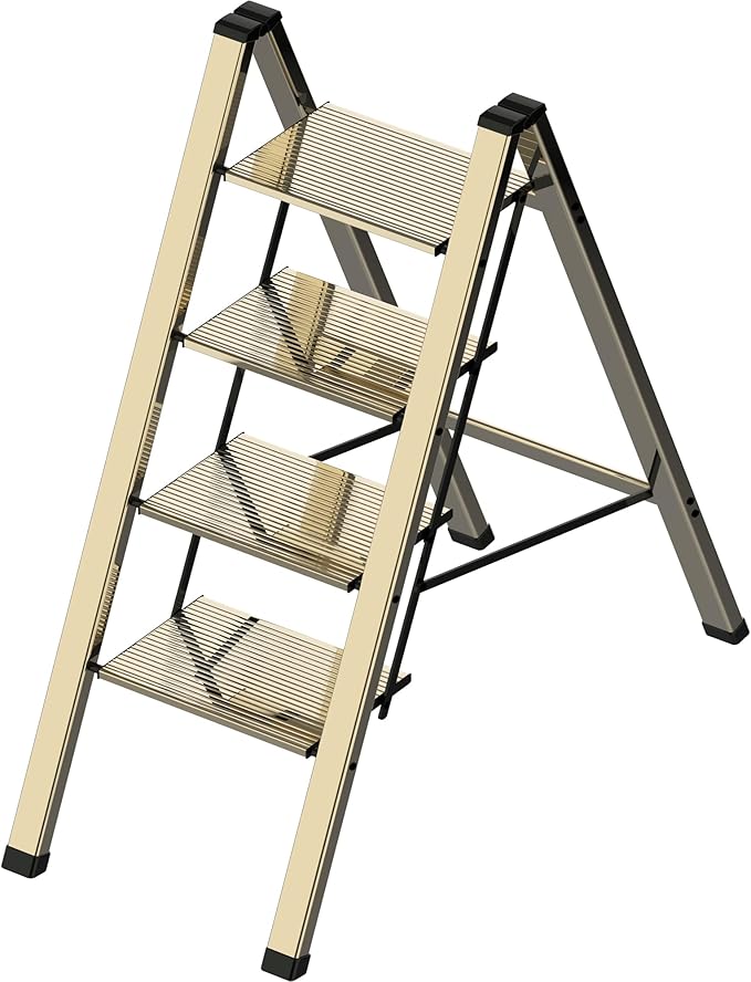 4 Step Ladder, Portable Step Folding, Lightweight Step Ladder with Anti-Slip Pedal, Aluminum Indoor Ladder and Closet, Kitchen - Champagne Gold