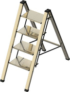 4 Step Ladder, Portable Step Folding, Lightweight Step Ladder with Anti-Slip Pedal, Aluminum Indoor Ladder and Closet, Kitchen - Champagne Gold
