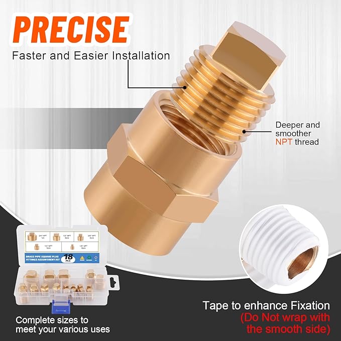 18PCS Brass Pipe Fitting,1/8" 1/4" 3/8" 1/2" 3/4" NPT Male Square Head Plug Brass Cored Plugs Fittings for Boat,Gas,Drain Plug