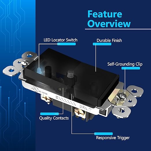 LIDER Minimalist Design Matte Finish Lighted 4-Way Decorator Light Switch, Four Way Frameless Rocker Switch, Residential/Commercial Grade, 15A 120V/277V, UL Listed, LS15-4W-BK, Black