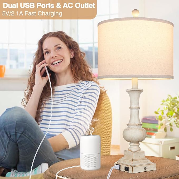 26" Farmhouse Table Lamp, Vintage Rustic Touch Control Bedside Lamp with 2 USB Ports & AC Outlet, Boho Resin 3-Way Dimmable Nightstand Lamp Linen Fabric Shade for Living Room Bedroom End Table White