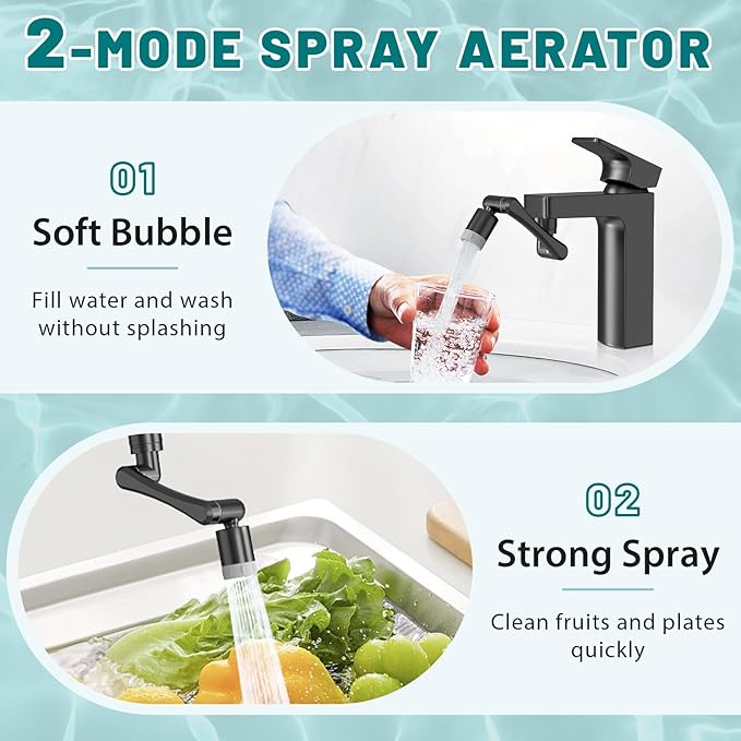 CECEFIN 1440° Rotating-Faucet-Extender Sink Aerator - 1080°+360° Large-Angle Splash Tap Extension with 2 Water Outlet, Swivel Multifunctional Robotic Arm for Kitchen/Bathroom, Black