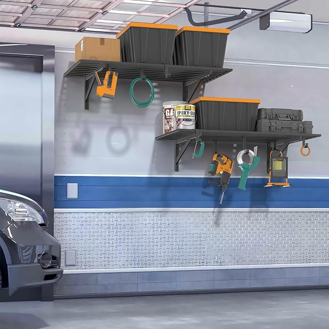 2x4ft Heavy Duty Garage Shelving, 2' x 4' Garage Wall Shelving Wall Mounted, 200LB Capacity Storage Rack with Hooks (1pack-2x4ft)