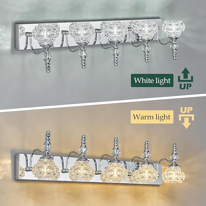 Modern Glass Crystal Vanity Light - Vintage Bathroom Lighting Fixtures Over Mirror, 5 Light Vanity Lights, G9 Bulb (35.43 Inch, Chrome)