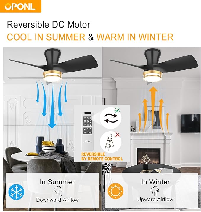 30" Black low profile Ceiling Fan with Light, with Gold Trim Ring, Large Air Volume, flush mount ceiling fan for Bedroom Kitchen Dining room Patio