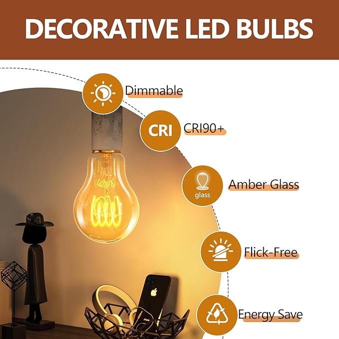 HESSION A19 Vintage LED Edison Bulbs, 4W Equivalent 40W Dimmable LED Bulbs, 400 Lumens 2300K Amber Warm Light Bulbs, E26 Base Decorative Antique Spiral A19 Light Bulb for Light Fixture, Pack of 4