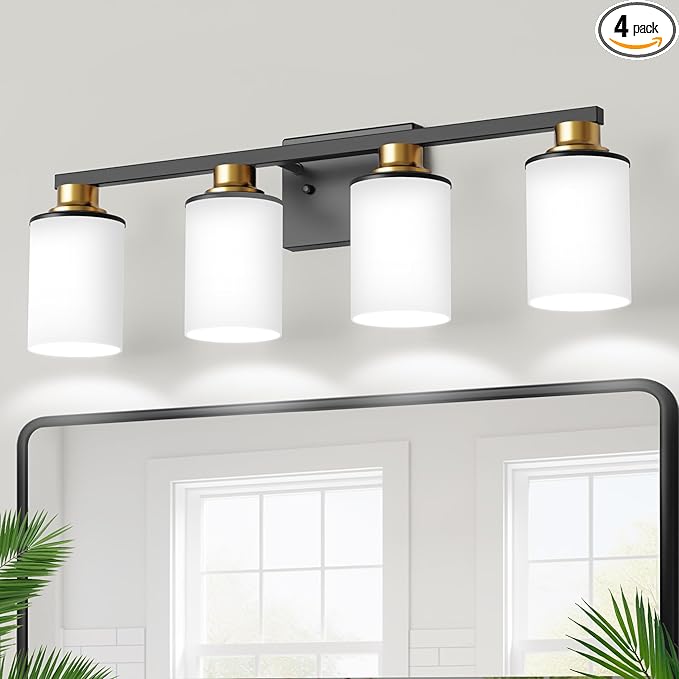 DORESshop 4-Light Black and Gold Bathroom Light Fixtures Over Mirror with Milk Glass Shade, Modern Vanity Lights, ETL Listed