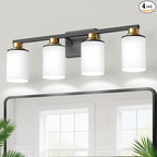 DORESshop 4-Light Black and Gold Bathroom Light Fixtures Over Mirror with Milk Glass Shade, Modern Vanity Lights, ETL Listed