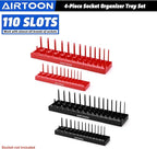 AIRTOON 1/4-Inch & 3/8-Inch Drive Socket Organizer Trays, 4-Piece SAE and Metric Socket Tray Set, Deep and Standard Socket Holders Organizers for Toolbox, Black & Red