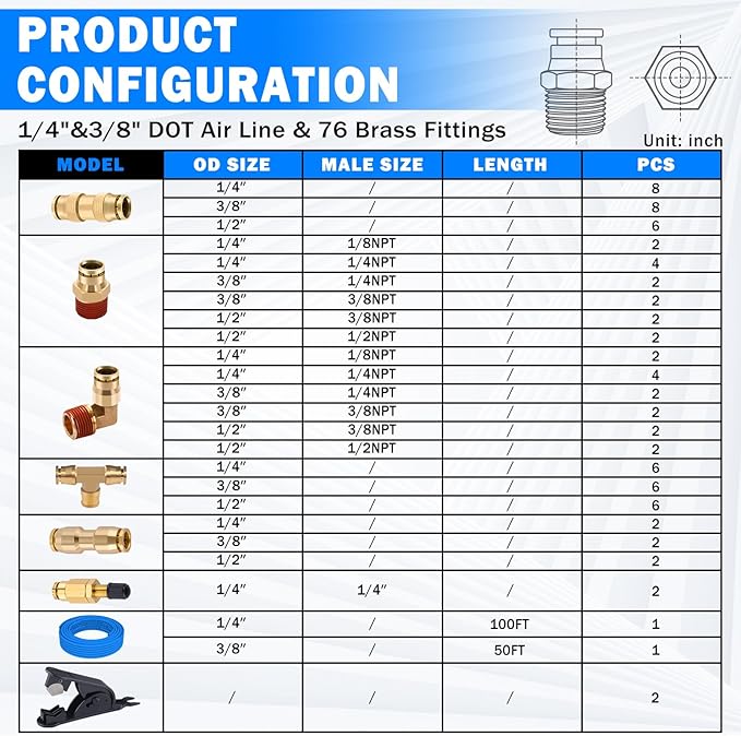 CheeMuii 76 PCS Brass DOT Air Line Fittings with 100FT 1/4" and 50FT 3/8" Blue DOT Air Lines Kit Push Lock Air Line Quick Connect Fittings with Pneumatic Tubing Set