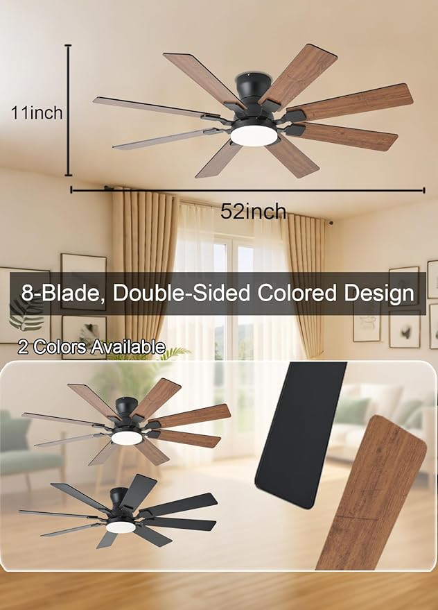 52 inch Ceiling Fan with Light, 6 Speeds Reversible Low Profile Ceiling Fan with Light and Remote/APP Control, 3 Color Temp+Dimmable RGB, 8 Blades, Flush Mount Quiet Ceiling Fans, Brown