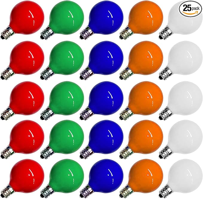 G40 Multicolor Christmas Replacement Light Bulbs, 25 Pack Round Colorful Christmas Bulbs, 1.57 Inch Globe Christmas Light Bulbs, E12/C7 Candelabra Base Light Bulb for Indoor Outdoor Decor- 5 Watt