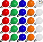 G40 Multicolor Christmas Replacement Light Bulbs, 25 Pack Round Colorful Christmas Bulbs, 1.57 Inch Globe Christmas Light Bulbs, E12/C7 Candelabra Base Light Bulb for Indoor Outdoor Decor- 5 Watt