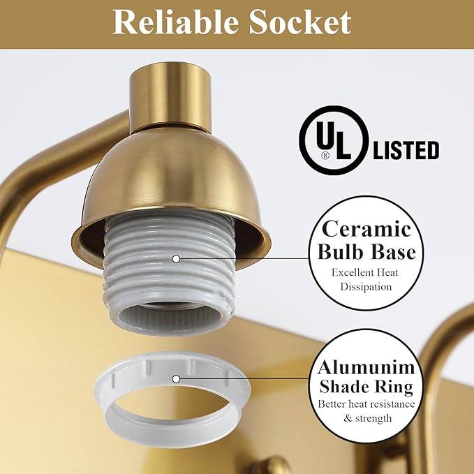Stainless Steel Milk Glass Vanity Lights for Bathroom, 2 Light Gold Bathroom Light Fixtures Over Mirror, Ceramic E26 Sockets Wall Mounted