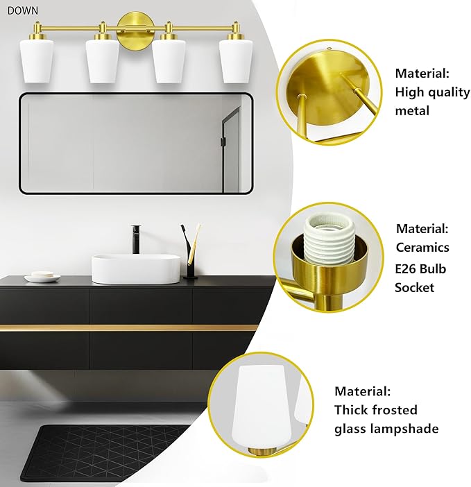 New Bathroom Vanity Light Fixtures 3 Lights Brushed Brass Glass Shade Modern Wall Bar Sconce Over Mirror (Brushed Brass, 4T)