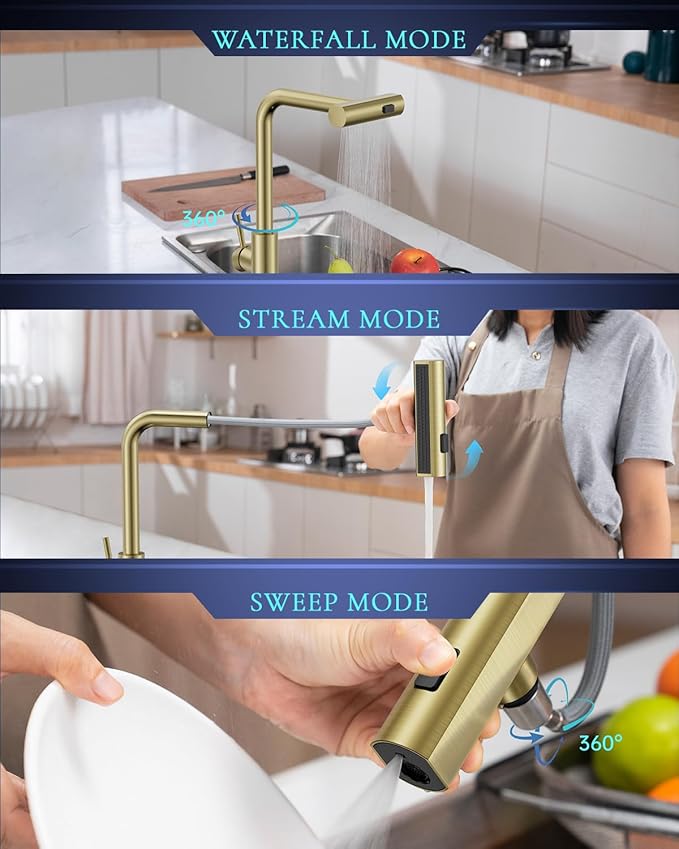 APPASO Gold Touchless Kitchen Faucet with Pull Down Sprayer, Waterfall Motion Sensor Kitchen Sink Faucet with SUS304 Stainless Steel Single Handle Hands-Free Brushed Gold