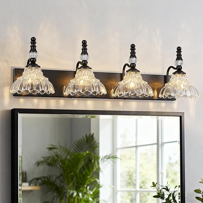 Vintage Bathroom Vanity Light, 4-Light Black Vanity Lighting Fixture with Flower Glass Shade, Bathroom Lighting Fixtures Over Mirror