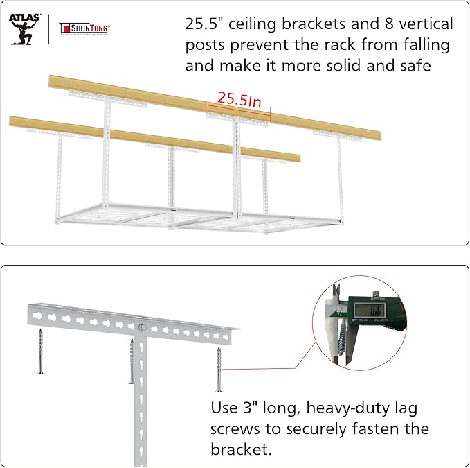 The Atlas 4 x 8 ft Adjustable Height Overhead Garage Storage Rack 900 lbs Heavy Duty Capacity White