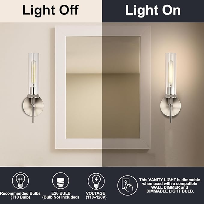 Brushed Nickel Bathroom Vanity Light, Wall Sconces Set of 2 with Knurled Texture, Chrome Silver Wall Lamps with Clear Glass Shade, Modern Industrial Bathroom Lighting Fixtures Over Mirror