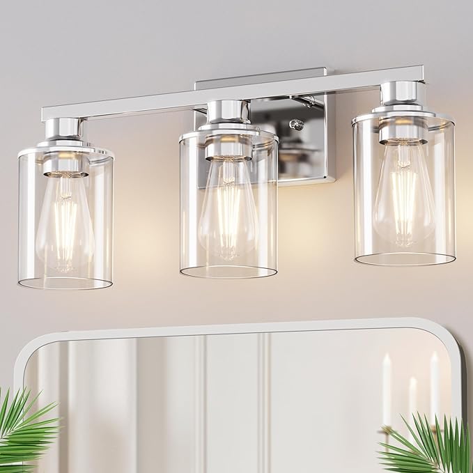 DORESshop 17 Inch Bathroom Light Fixtures, 3-Light Chrome Bathroom Lighting Fixtures Over Mirror with Clear Glass Shade, Vanity Lights for Living Room Bedroom
