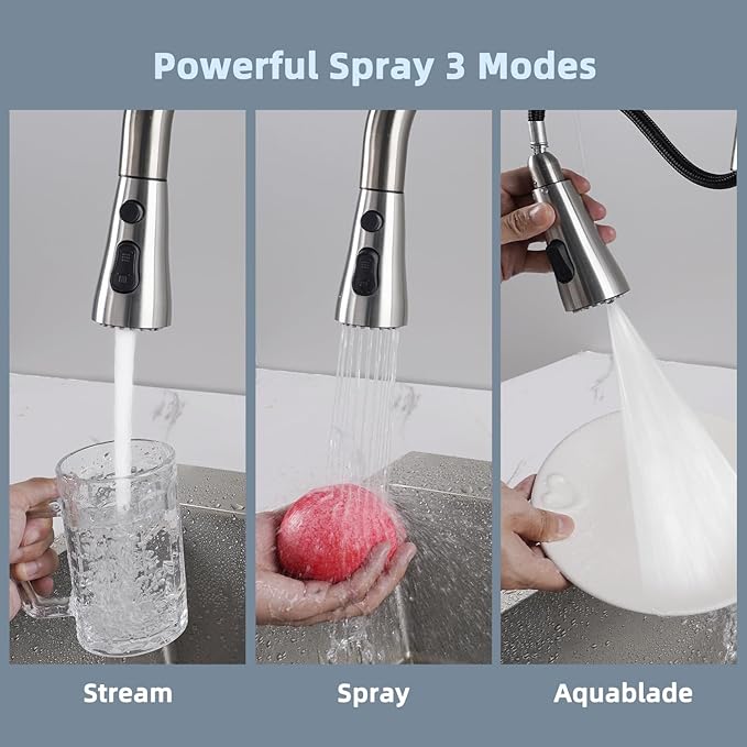 iFealClear Universal Metal Kitchen Faucet Head Replacement, Pull Down Kitchen Sink Faucet Sprayer Head, Compatible with Moen, Delta, American Standard Faucets,15 Adapters, 3 Modes, Brushed Nickel