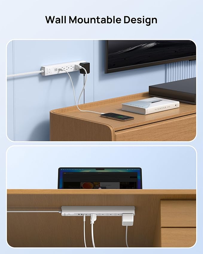 TROND 360° Rotating Plug Surge Protector Power Strip, Flat Plug Power Strip with 2 USB C and 2 USB A, 1440J Surge Protector, Wall Mountable, Flat Extension Cord 3ft for Home Office Dorm, White