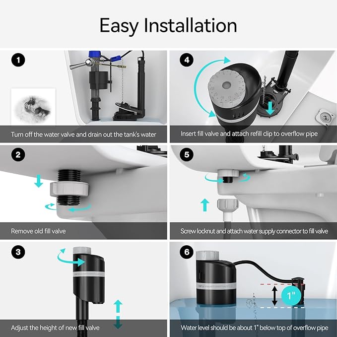 R&T A1350 Quiet Toilet Fill Valve Toilet Universal Tank Parts Replacement, Water Saving Toilet Repair Kit